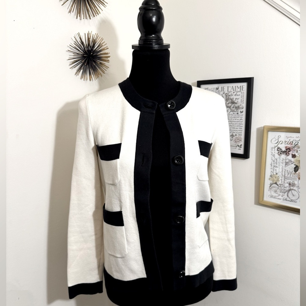 kate spade color block cardigan in white with black accents size small - Picture 1 of 10